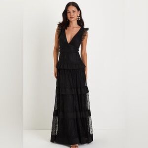 Lulus Marvelous Darling Black Lace Ruffled Tiered Sleeveless Maxi Dress  XL